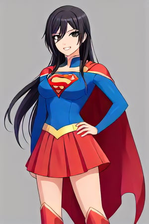 Shirase Sakuya, known for her graceful and mature elegance, brings a sophisticated allure to the classic Supergirl costume. The bright blue top with the iconic red and yellow 'S' emblem highlights her confident posture and commanding presence, perfectly fitting her tall and graceful frame. Her long, flowing dark hair cascades over her shoulders, adding a touch of elegance that flows naturally with the red cape billowing behind her. The red skirt and red knee-high boots complete the look, giving her a balanced mix of femininity and strength.

Sakuya’s poised smile and calm expression bring a sense of assurance and composure to the Supergirl persona, showcasing her natural leadership qualities and resilience. Her transformation captures the essence of a heroine who possesses both beauty and power, ready to protect and inspire with quiet confidence. As Supergirl, Sakuya combines charm and strength seamlessly, embodying a powerful figure who stands ready to face challenges with both grace and resolve.