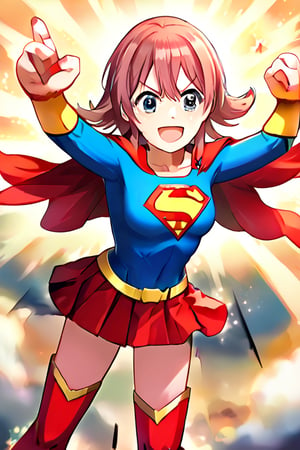 Komiya Kaho, with her boundless energy and enthusiasm, brings a bright and cheerful twist to the classic Supergirl costume. The vibrant blue top with the red and yellow 'S' emblem adds a bold pop of color that perfectly complements her lively personality. Her short, fluffy red hair bounces playfully around her face, while the red cape flows behind her in sync with her dynamic movements. The red skirt and matching knee-high boots complete the look, giving her a fun yet heroic appearance.

With her ever-joyful smile and sparkling eyes, Kaho steps into the role of Supergirl with a youthful excitement, embodying a superhero ready to leap into action with optimism and energy. Her transformation captures her spontaneous and brave spirit, showing a Supergirl who’s not just powerful but also full of heart and enthusiasm. In this costume, Kaho shines as a heroine who brings joy and courage to everyone around her, ready to tackle challenges with her bright outlook and boundless spirit.,KOMIYA KAHO,supergirl