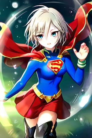 Anastasia, with her serene and graceful demeanor, brings a calm yet powerful elegance to the classic Supergirl costume. The bold blue top, emblazoned with the red and yellow 'S' emblem, contrasts beautifully with her platinum gray hair, which falls gracefully around her shoulders. Her red cape flows gently behind her, adding a sense of poise and quiet strength to her look. The red skirt and knee-high boots complete the ensemble, highlighting her tall and slender figure, giving her an aura of both beauty and power.

Anastasia’s expression, typically calm and thoughtful, now carries a subtle determination, blending her natural grace with the heroic essence of Supergirl. Her transformation captures the perfect balance of elegance and strength, embodying the spirit of a true heroine. In this superhero guise, Anastasia shines as a protector, ready to take on any challenge with her composed confidence and quiet resolve, inspiring those around her with both her beauty and inner strength,supergirl,ANASTASIA