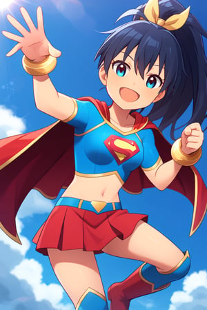 Hibiki Ganaha, with her energetic and cheerful personality, radiates confidence in the classic Supergirl costume. The bright blue top, featuring the iconic red and yellow 'S' emblem, enhances her lively presence. Her signature long black hair, usually tied in a high ponytail, swings freely as her red cape flows behind her, giving her a dynamic and heroic appearance. The red skirt and matching knee-high boots complete the look, emphasizing her athleticism and agility, qualities that perfectly align with her active and energetic nature.

Hibiki’s expression beams with excitement and determination, blending her natural enthusiasm with the strength and courage of Supergirl. Her positive energy and strong sense of loyalty are amplified in this superhero guise, making her the perfect embodiment of a powerful, upbeat heroine. In the Supergirl costume, Hibiki is ready to take on any challenge with her characteristic vigor, inspiring those around her with her boundless energy and can-do attitude.