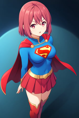 Hisako Arato, with her composed demeanor and auburn hair tied neatly in a ponytail, takes on a powerful new look in the classic Supergirl costume. The vibrant blue top, featuring the bold red and yellow 'S' emblem on her chest, perfectly contrasts her usual calm and collected appearance, symbolizing the strength she possesses beneath her reserved exterior. A flowing red cape cascades behind her, adding a heroic flair to her poised stance. The outfit is completed with a red skirt and matching knee-high boots, highlighting her agile and refined figure. Hisako’s focused and serious expression, now mixed with the confident aura of Supergirl, transforms her into a symbol of quiet strength and protection. This blend of her medical expertise and the superhero's power makes Hisako look both graceful and ready to stand up for what’s right.