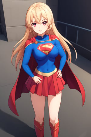 Erina Nakiri, with her regal presence and distinctive long blonde hair, stands confidently in the iconic Supergirl costume. The costume features a bold blue top with the famous red and yellow 'S' shield emblazoned across her chest, symbolizing strength and hope. A flowing red cape cascades from her shoulders, adding a touch of elegance that complements her aristocratic demeanor. The red skirt and matching knee-high boots complete the ensemble, enhancing her powerful yet graceful appearance. Her usual air of sophistication and authority is now combined with the heroic charm of Supergirl, making her look both formidable and inspiring.