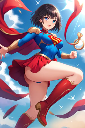 Erika, the skilled and disciplined swordswoman from "Shadowverse," exudes power and grace in the classic Supergirl costume. The vibrant blue top, emblazoned with the red and yellow 'S' emblem, fits perfectly with her fierce and focused demeanor. Her short black hair flows freely, adding a dramatic touch as the red cape billows behind her, accentuating her swift movements and readiness for action. The red skirt, paired with knee-high boots, emphasizes her lithe, athletic form, while maintaining the elegance and precision she's known for in combat.

Erika’s sharp gaze reflects her determination and unwavering sense of duty, blending her natural warrior spirit with the heroic essence of Supergirl. In this transformation, she retains her tactical mindset and sword skills but adds the empowering aura of a superhero. The Supergirl costume highlights her inner strength and drive, making her a symbol of both power and protection, always ready to defend with grace and skill.