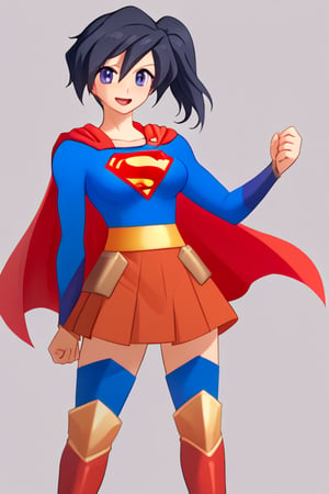 Fujisawa Aya, known for her calm and composed personality, brings a graceful and poised presence to the classic Supergirl costume. The bright blue top with the iconic red and yellow 'S' emblem complements her serene expression and reserved nature. Her shoulder-length, black hair falls neatly around her face, while the red cape flows behind her, adding a subtle sense of movement and strength. The red skirt and red knee-high boots complete the look, giving her an elegant yet empowered appearance.

With her gentle smile and calm demeanor, Aya embodies a more thoughtful and composed take on Supergirl, blending heroism with her usual grace. In this costume, she conveys quiet strength and resolve, ready to face any challenge with dignity and poise. Her transformation captures the essence of a hero who leads with both compassion and inner strength, making her an inspiring figure who brings warmth and courage to those around her.,supergirl,fujisawa aya(gbd)