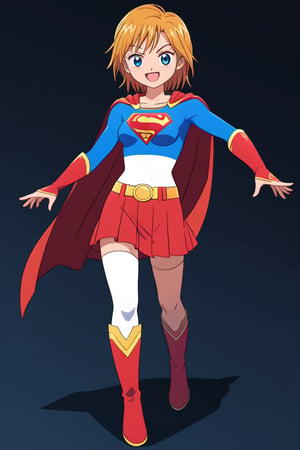 Nagisa Misumi, known for her sporty and energetic personality, brings a spirited charm to the classic Supergirl costume. The vibrant blue top, with the iconic red and yellow 'S' emblem on her chest, highlights her innate sense of justice and determination. A flowing red cape flutters behind her as she stands confidently, adding a heroic and dynamic touch that matches her active, athletic nature. The costume is completed with a red skirt and matching knee-high boots, which perfectly complement her strong and agile figure honed through her love of sports.

Nagisa’s usual bright smile and energetic stance blend seamlessly with the empowering aura of Supergirl, showing off her confidence and readiness to protect those she cares about. This transformation highlights Nagisa’s combination of strength, courage, and enthusiasm, making her the perfect embodiment of a young heroine full of life and ready to take on any challenge that comes her way.