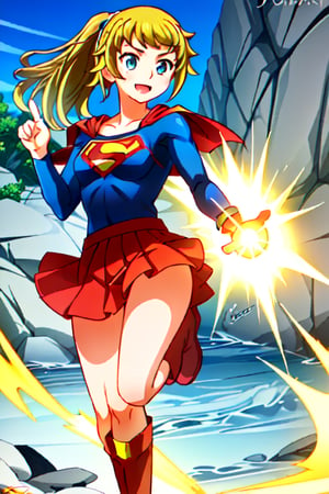 Fumina Hoshino, with her athletic build and passionate spirit, brings a lively and strong energy to the classic Supergirl costume. The bright blue top, featuring the iconic red and yellow 'S' emblem, complements her confident stance and energetic personality. Her blonde hair, tied up in her signature ponytail, adds a practical yet spirited touch, while the red cape flows behind her, accentuating her action-ready pose. The red skirt and matching knee-high boots complete her look, highlighting her athletic frame and dynamic style. With her usual enthusiastic smile and determined eyes, Fumina embodies the essence of Supergirl with a unique twist. Her transformation amplifies her natural courage and resilience, blending her love for competition with the heroism of the Supergirl persona. In this costume, Fumina looks ready to face any challenge head-on, inspiring those around her with her boundless energy, strength, and unwavering resolve.