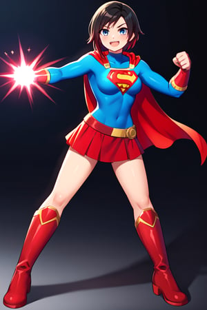 Ruby Rose, with her boundless energy and unwavering sense of justice, looks striking in the classic Supergirl costume. The vibrant blue top, featuring the iconic red and yellow 'S' emblem, perfectly complements her bold and heroic nature. A red cape flows behind her, adding a dynamic flair as it moves with her quick and agile stance, reminiscent of her usual combat style. The red skirt and knee-high boots complete the look, enhancing her athletic form and giving her the appearance of a young, determined superhero ready to protect the world.

Ruby’s signature short black hair with red tips stands out against the costume, while her cheerful and optimistic smile shines through, embodying the essence of Supergirl's hope and strength. The costume enhances her natural sense of leadership and bravery, making her a perfect fit for the role of a superhero. In this transformation, Ruby blends her youthful enthusiasm with the power and courage of Supergirl, ready to take on any challenge and inspire those around her.