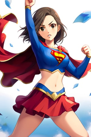 Seira Mizuki, with her cool and elegant demeanor, exudes both grace and strength in the classic Supergirl costume. The bright blue top, featuring the iconic red and yellow 'S' emblem, contrasts beautifully with her long, flowing dark hair. The red cape billows behind her, adding a dramatic and heroic flair as it catches the wind, perfectly complementing her poised and confident stance. The red skirt and red knee-high boots finish the look, accentuating her tall and slender figure, giving her an air of both power and elegance.
Seira’s composed and determined expression perfectly captures the essence of a superhero, blending her natural elegance with the fierce determination of Supergirl. Her transformation into this heroic role highlights her balance of strength and beauty, making her the ideal embodiment of courage and grace, ready to face any challenge with confidence and inspire those around her.
