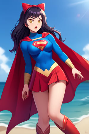 Blake Belladonna, with her quiet yet fierce demeanor, brings a subtle elegance to the classic Supergirl costume. The deep blue top, adorned with the bold red and yellow 'S' emblem, contrasts beautifully with her dark, raven-black hair, which falls gracefully over her shoulders, with her signature bow adding a unique touch. A flowing red cape sways behind her, giving a sense of movement and power, while also highlighting her agile and stealthy nature. The red skirt and knee-high boots complete the look, emphasizing her lithe, athletic frame.

Blake’s calm yet determined expression blends perfectly with the heroic essence of Supergirl, showcasing her strength and resolve. Her quiet strength, paired with the empowering costume, makes her a symbol of resilience and grace. In this transformation, Blake seamlessly combines her natural stealth and independence with the courage and heroism of Supergirl, ready to stand tall and protect those who need it, while still retaining her thoughtful and introspective nature.