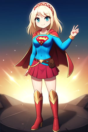 Cayna, with her powerful yet whimsical personality, looks both regal and heroic in the classic Supergirl costume. Her short blond hair flows gracefully down her back, standing out against the vibrant blue top with the iconic red and yellow 'S' emblem emblazoned on her chest. A flowing red cape trails behind her, adding a sense of grandeur and movement to her already imposing presence. The outfit is completed with a red skirt and matching knee-high boots, enhancing her strong and agile figure honed through her magical abilities.

Cayna’s confident yet playful expression, combined with the heroic aura of Supergirl, reflects her status as a powerful mage in the virtual world of Leadale. Her blend of power and warmth makes her a fitting embodiment of Supergirl, radiating both strength and compassion, ready to protect and inspire those around her.
