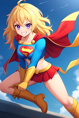 Yang Xiao Long, with her fiery personality and unshakable confidence, looks bold and powerful in the classic Supergirl costume. The vibrant blue top, featuring the iconic red and yellow 'S' emblem, perfectly complements her golden blonde hair, which flows freely in its signature wild style. A bright red cape billows behind her, adding to her dynamic and energetic presence, as it moves with every step. The red skirt and knee-high boots emphasize her athletic, muscular build, showcasing the raw strength she’s known for.

Yang’s confident grin and fearless gaze blend seamlessly with the empowering Supergirl persona. Her natural charisma and love for a good fight are perfectly enhanced by the superhero look, making her appear both strong and heroic. In this transformation, Yang embodies the best traits of a superhero, radiating courage, strength, and a fearless attitude, always ready to take on any challenge while protecting those she cares about.