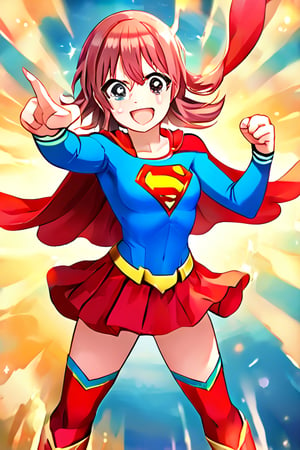 Komiya Kaho, with her boundless energy and enthusiasm, brings a bright and cheerful twist to the classic Supergirl costume. The vibrant blue top with the red and yellow 'S' emblem adds a bold pop of color that perfectly complements her lively personality. Her short, fluffy red hair bounces playfully around her face, while the red cape flows behind her in sync with her dynamic movements. The red skirt and matching knee-high boots complete the look, giving her a fun yet heroic appearance.

With her ever-joyful smile and sparkling eyes, Kaho steps into the role of Supergirl with a youthful excitement, embodying a superhero ready to leap into action with optimism and energy. Her transformation captures her spontaneous and brave spirit, showing a Supergirl who’s not just powerful but also full of heart and enthusiasm. In this costume, Kaho shines as a heroine who brings joy and courage to everyone around her, ready to tackle challenges with her bright outlook and boundless spirit.,KOMIYA KAHO,supergirl