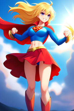 Yang Xiao Long, with her fiery personality and unshakable confidence, looks bold and powerful in the classic Supergirl costume. The vibrant blue top, featuring the iconic red and yellow 'S' emblem, perfectly complements her golden blonde hair, which flows freely in its signature wild style. A bright red cape billows behind her, adding to her dynamic and energetic presence, as it moves with every step. The red skirt and knee-high boots emphasize her athletic, muscular build, showcasing the raw strength she’s known for.

Yang’s confident grin and fearless gaze blend seamlessly with the empowering Supergirl persona. Her natural charisma and love for a good fight are perfectly enhanced by the superhero look, making her appear both strong and heroic. In this transformation, Yang embodies the best traits of a superhero, radiating courage, strength, and a fearless attitude, always ready to take on any challenge while protecting those she cares about.