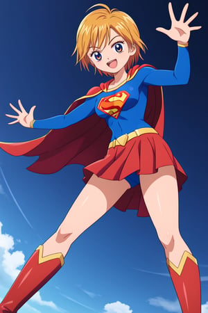 Nagisa Misumi, known for her sporty and energetic personality, brings a spirited charm to the classic Supergirl costume. The vibrant blue top, with the iconic red and yellow 'S' emblem on her chest, highlights her innate sense of justice and determination. A flowing red cape flutters behind her as she stands confidently, adding a heroic and dynamic touch that matches her active, athletic nature. The costume is completed with a red skirt and matching knee-high boots, which perfectly complement her strong and agile figure honed through her love of sports.

Nagisa’s usual bright smile and energetic stance blend seamlessly with the empowering aura of Supergirl, showing off her confidence and readiness to protect those she cares about. This transformation highlights Nagisa’s combination of strength, courage, and enthusiasm, making her the perfect embodiment of a young heroine full of life and ready to take on any challenge that comes her way.