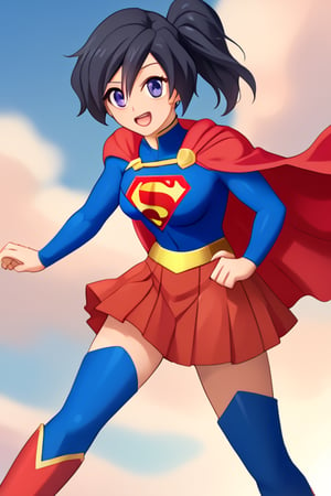 Fujisawa Aya, known for her calm and composed personality, brings a graceful and poised presence to the classic Supergirl costume. The bright blue top with the iconic red and yellow 'S' emblem complements her serene expression and reserved nature. Her shoulder-length, black hair falls neatly around her face, while the red cape flows behind her, adding a subtle sense of movement and strength. The red skirt and red knee-high boots complete the look, giving her an elegant yet empowered appearance.

With her gentle smile and calm demeanor, Aya embodies a more thoughtful and composed take on Supergirl, blending heroism with her usual grace. In this costume, she conveys quiet strength and resolve, ready to face any challenge with dignity and poise. Her transformation captures the essence of a hero who leads with both compassion and inner strength, making her an inspiring figure who brings warmth and courage to those around her.,supergirl,fujisawa aya(gbd)