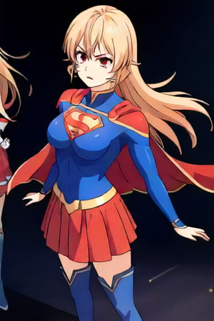 Erina Nakiri, with her regal presence and distinctive long blonde hair, stands confidently in the iconic Supergirl costume. The costume features a bold blue top with the famous red and yellow 'S' shield emblazoned across her chest, symbolizing strength and hope. A flowing red cape cascades from her shoulders, adding a touch of elegance that complements her aristocratic demeanor. The red skirt and matching knee-high boots complete the ensemble, enhancing her powerful yet graceful appearance. Her usual air of sophistication and authority is now combined with the heroic charm of Supergirl, making her look both formidable and inspiring.,supergirl, erina nakiri