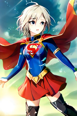 Anastasia, with her serene and graceful demeanor, brings a calm yet powerful elegance to the classic Supergirl costume. The bold blue top, emblazoned with the red and yellow 'S' emblem, contrasts beautifully with her platinum gray hair, which falls gracefully around her shoulders. Her red cape flows gently behind her, adding a sense of poise and quiet strength to her look. The red skirt and red knee-high boots complete the ensemble, highlighting her tall and slender figure, giving her an aura of both beauty and power.

Anastasia’s expression, typically calm and thoughtful, now carries a subtle determination, blending her natural grace with the heroic essence of Supergirl. Her transformation captures the perfect balance of elegance and strength, embodying the spirit of a true heroine. In this superhero guise, Anastasia shines as a protector, ready to take on any challenge with her composed confidence and quiet resolve, inspiring those around her with both her beauty and inner strength,supergirl,ANASTASIA