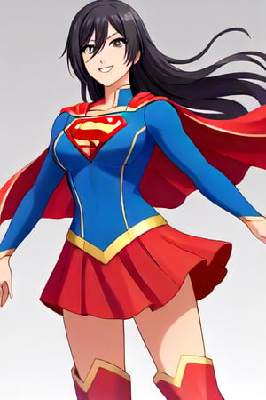 Shirase Sakuya, known for her graceful and mature elegance, brings a sophisticated allure to the classic Supergirl costume. The bright blue top with the iconic red and yellow 'S' emblem highlights her confident posture and commanding presence, perfectly fitting her tall and graceful frame. Her long, flowing dark hair cascades over her shoulders, adding a touch of elegance that flows naturally with the red cape billowing behind her. The red skirt and red knee-high boots complete the look, giving her a balanced mix of femininity and strength.

Sakuya’s poised smile and calm expression bring a sense of assurance and composure to the Supergirl persona, showcasing her natural leadership qualities and resilience. Her transformation captures the essence of a heroine who possesses both beauty and power, ready to protect and inspire with quiet confidence. As Supergirl, Sakuya combines charm and strength seamlessly, embodying a powerful figure who stands ready to face challenges with both grace and resolve.