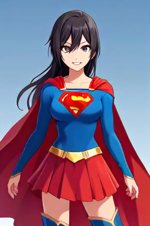 Shirase Sakuya, known for her graceful and mature elegance, brings a sophisticated allure to the classic Supergirl costume. The bright blue top with the iconic red and yellow 'S' emblem highlights her confident posture and commanding presence, perfectly fitting her tall and graceful frame. Her long, flowing dark hair cascades over her shoulders, adding a touch of elegance that flows naturally with the red cape billowing behind her. The red skirt and red knee-high boots complete the look, giving her a balanced mix of femininity and strength.

Sakuya’s poised smile and calm expression bring a sense of assurance and composure to the Supergirl persona, showcasing her natural leadership qualities and resilience. Her transformation captures the essence of a heroine who possesses both beauty and power, ready to protect and inspire with quiet confidence. As Supergirl, Sakuya combines charm and strength seamlessly, embodying a powerful figure who stands ready to face challenges with both grace and resolve.