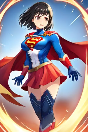 Erika, the skilled and disciplined swordswoman from "Shadowverse," exudes power and grace in the classic Supergirl costume. The vibrant blue top, emblazoned with the red and yellow 'S' emblem, fits perfectly with her fierce and focused demeanor. Her short black hair flows freely, adding a dramatic touch as the red cape billows behind her, accentuating her swift movements and readiness for action. The red skirt, paired with red knee-high boots, emphasizes her lithe, athletic form, while maintaining the elegance and precision she's known for in combat.

Erika’s sharp gaze reflects her determination and unwavering sense of duty, blending her natural warrior spirit with the heroic essence of Supergirl. In this transformation, she retains her tactical mindset and sword skills but adds the empowering aura of a superhero. The Supergirl costume highlights her inner strength and drive, making her a symbol of both power and protection, always ready to defend with grace and skill.