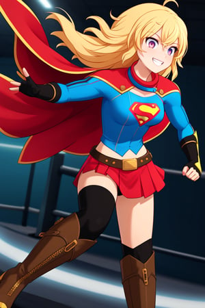 Yang Xiao Long, with her fiery personality and unshakable confidence, looks bold and powerful in the classic Supergirl costume. The vibrant blue top, featuring the iconic red and yellow 'S' emblem, perfectly complements her golden blonde hair, which flows freely in its signature wild style. A bright red cape billows behind her, adding to her dynamic and energetic presence, as it moves with every step. The red skirt and knee-high boots emphasize her athletic, muscular build, showcasing the raw strength she’s known for.

Yang’s confident grin and fearless gaze blend seamlessly with the empowering Supergirl persona. Her natural charisma and love for a good fight are perfectly enhanced by the superhero look, making her appear both strong and heroic. In this transformation, Yang embodies the best traits of a superhero, radiating courage, strength, and a fearless attitude, always ready to take on any challenge while protecting those she cares about.