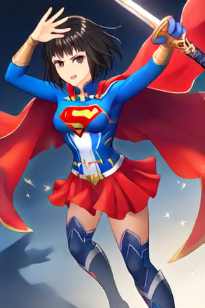 Erika, the skilled and disciplined swordswoman from "Shadowverse," exudes power and grace in the classic Supergirl costume. The vibrant blue top, emblazoned with the red and yellow 'S' emblem, fits perfectly with her fierce and focused demeanor. Her short black hair flows freely, adding a dramatic touch as the red cape billows behind her, accentuating her swift movements and readiness for action. The red skirt, paired with red knee-high boots, emphasizes her lithe, athletic form, while maintaining the elegance and precision she's known for in combat.

Erika’s sharp gaze reflects her determination and unwavering sense of duty, blending her natural warrior spirit with the heroic essence of Supergirl. In this transformation, she retains her tactical mindset and sword skills but adds the empowering aura of a superhero. The Supergirl costume highlights her inner strength and drive, making her a symbol of both power and protection, always ready to defend with grace and skill.