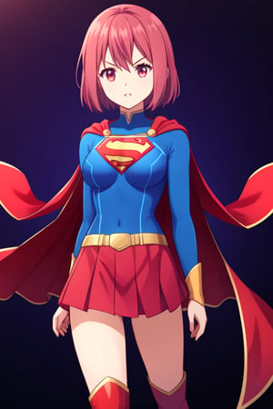 Hisako Arato, with her composed demeanor and auburn hair tied neatly in a ponytail, takes on a powerful new look in the classic Supergirl costume. The vibrant blue top, featuring the bold red and yellow 'S' emblem on her chest, perfectly contrasts her usual calm and collected appearance, symbolizing the strength she possesses beneath her reserved exterior. A flowing red cape cascades behind her, adding a heroic flair to her poised stance. The outfit is completed with a red skirt and matching knee-high boots, highlighting her agile and refined figure. Hisako’s focused and serious expression, now mixed with the confident aura of Supergirl, transforms her into a symbol of quiet strength and protection. This blend of her medical expertise and the superhero's power makes Hisako look both graceful and ready to stand up for what’s right.