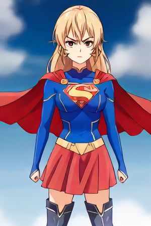 Erina Nakiri, with her regal presence and distinctive long blonde hair, stands confidently in the iconic Supergirl costume. The costume features a bold blue top with the famous red and yellow 'S' shield emblazoned across her chest, symbolizing strength and hope. A flowing red cape cascades from her shoulders, adding a touch of elegance that complements her aristocratic demeanor. The red skirt and matching knee-high boots complete the ensemble, enhancing her powerful yet graceful appearance. Her usual air of sophistication and authority is now combined with the heroic charm of Supergirl, making her look both formidable and inspiring.,supergirl, erina nakiri