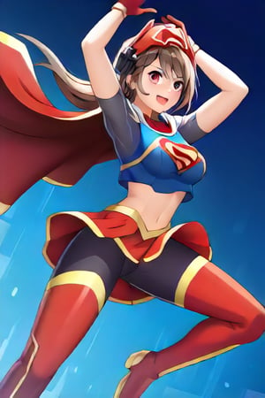 IPMasquerena, known for her edgy, cybernetic design and rebellious nature, takes on a unique look in the classic Supergirl costume. The vibrant blue top, featuring the bold red and yellow 'S' emblem, contrasts with her mechanical elements, creating a striking blend of futuristic style and classic heroism. Her distinct helmet and cybernetic accessories are complemented by the flowing red cape, which adds a dynamic touch to her usually sleek and tactical appearance. The red skirt and red knee-high boots complete the costume, merging her edgy look with Supergirl’s iconic outfit. She has brown hair.

With her signature cool and confident expression, IPMasquerena embraces the strength and courage that come with the Supergirl identity. The costume enhances her already formidable presence, blending her high-tech vibe with the empowering essence of a superhero. In this transformation, she embodies a perfect mix of futuristic toughness and classic heroism, ready to take on any challenge with her strategic mind and unwavering bravery.,I:P Masquerena