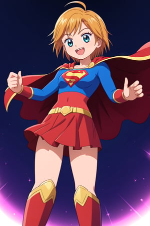 Nagisa Misumi, known for her sporty and energetic personality, brings a spirited charm to the classic Supergirl costume. The vibrant blue top, with the iconic red and yellow 'S' emblem on her chest, highlights her innate sense of justice and determination. A flowing red cape flutters behind her as she stands confidently, adding a heroic and dynamic touch that matches her active, athletic nature. The costume is completed with a red skirt and matching knee-high boots, which perfectly complement her strong and agile figure honed through her love of sports.

Nagisa’s usual bright smile and energetic stance blend seamlessly with the empowering aura of Supergirl, showing off her confidence and readiness to protect those she cares about. This transformation highlights Nagisa’s combination of strength, courage, and enthusiasm, making her the perfect embodiment of a young heroine full of life and ready to take on any challenge that comes her way.