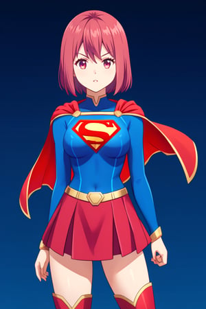 Hisako Arato, with her composed demeanor and auburn hair tied neatly in a ponytail, takes on a powerful new look in the classic Supergirl costume. The vibrant blue top, featuring the bold red and yellow 'S' emblem on her chest, perfectly contrasts her usual calm and collected appearance, symbolizing the strength she possesses beneath her reserved exterior. A flowing red cape cascades behind her, adding a heroic flair to her poised stance. The outfit is completed with a red skirt and matching knee-high boots, highlighting her agile and refined figure. Hisako’s focused and serious expression, now mixed with the confident aura of Supergirl, transforms her into a symbol of quiet strength and protection. This blend of her medical expertise and the superhero's power makes Hisako look both graceful and ready to stand up for what’s right.