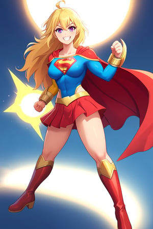 Yang Xiao Long, with her fiery personality and unshakable confidence, looks bold and powerful in the classic Supergirl costume. The vibrant blue top, featuring the iconic red and yellow 'S' emblem, perfectly complements her golden blonde hair, which flows freely in its signature wild style. A bright red cape billows behind her, adding to her dynamic and energetic presence, as it moves with every step. The red skirt and knee-high boots emphasize her athletic, muscular build, showcasing the raw strength she’s known for.

Yang’s confident grin and fearless gaze blend seamlessly with the empowering Supergirl persona. Her natural charisma and love for a good fight are perfectly enhanced by the superhero look, making her appear both strong and heroic. In this transformation, Yang embodies the best traits of a superhero, radiating courage, strength, and a fearless attitude, always ready to take on any challenge while protecting those she cares about.