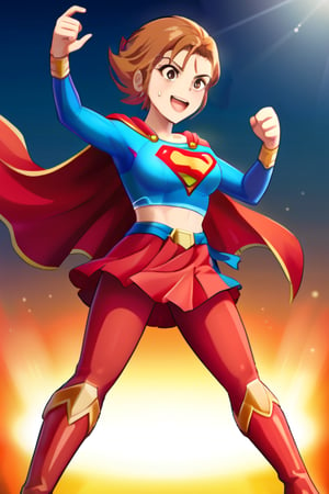 Nishijima Kai, with his confident and charismatic demeanor, brings a unique twist to the classic Supergirl costume. The vibrant blue top, emblazoned with the bold red and yellow 'S' emblem, contrasts against his strong frame and adds an unexpected touch of flair. His short, stylishly spiked hair adds a playful edge, while the red cape flows behind him, adding movement and a heroic aura. The red skirt is replaced with red pants to suit his style, and the knee-high red boots ground the look, giving him an athletic, powerful presence.

With his usual charming smile and fearless stance, Kai embodies the heroic essence of Supergirl while adding his own confidence and flair to the role. The costume emphasizes his strength and optimism, making him look every bit the part of a protector. This transformation highlights his determination and charisma, showing that he’s ready to tackle challenges head-on, blending strength and charm to inspire those around him.