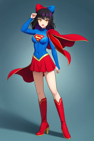 Blake Belladonna, with her quiet yet fierce demeanor, brings a subtle elegance to the classic Supergirl costume. The deep blue top, adorned with the bold red and yellow 'S' emblem, contrasts beautifully with her dark, raven-black hair, which falls gracefully over her shoulders, with her signature bow adding a unique touch. A flowing red cape sways behind her, giving a sense of movement and power, while also highlighting her agile and stealthy nature. The red skirt and knee-high boots complete the look, emphasizing her lithe, athletic frame.

Blake’s calm yet determined expression blends perfectly with the heroic essence of Supergirl, showcasing her strength and resolve. Her quiet strength, paired with the empowering costume, makes her a symbol of resilience and grace. In this transformation, Blake seamlessly combines her natural stealth and independence with the courage and heroism of Supergirl, ready to stand tall and protect those who need it, while still retaining her thoughtful and introspective nature.