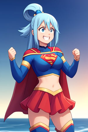 Aqua, with her playful and often mischievous demeanor, brings a unique and humorous charm to the classic Supergirl costume. The iconic blue top, emblazoned with the bright red and yellow 'S' emblem, is fitting against her water-themed color palette and complements her flowing blue hair. Her hair, pulled up in its usual high ponytail with a teal ribbon, gives her a lighthearted and whimsical look. The red cape flows behind her in dramatic fashion, adding to her usually exaggerated expressions and gestures. The red skirt and red knee-high boots round out the outfit, creating an interesting contrast with her usual divine but clumsy style.

With her trademark confident grin—perhaps a bit overconfident—Aqua steps into the Supergirl role with a humorous twist, blending her goddess bravado with the superhero’s iconic strength. Her natural charisma and quirks make her a playful Supergirl, ready to dive into challenges (or create them) with her spirited enthusiasm. In this costume, Aqua brings her own unpredictable flair, offering a comical but spirited take on heroism that’s sure to keep things entertaining.,supergirl,aqua