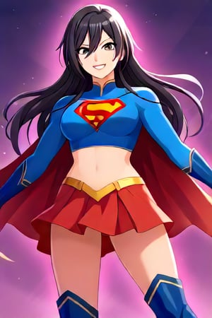 Shirase Sakuya, known for her graceful and mature elegance, brings a sophisticated allure to the classic Supergirl costume. The bright blue top with the iconic red and yellow 'S' emblem highlights her confident posture and commanding presence, perfectly fitting her tall and graceful frame. Her long, flowing dark hair cascades over her shoulders, adding a touch of elegance that flows naturally with the red cape billowing behind her. The red skirt and red knee-high boots complete the look, giving her a balanced mix of femininity and strength.

Sakuya’s poised smile and calm expression bring a sense of assurance and composure to the Supergirl persona, showcasing her natural leadership qualities and resilience. Her transformation captures the essence of a heroine who possesses both beauty and power, ready to protect and inspire with quiet confidence. As Supergirl, Sakuya combines charm and strength seamlessly, embodying a powerful figure who stands ready to face challenges with both grace and resolve.