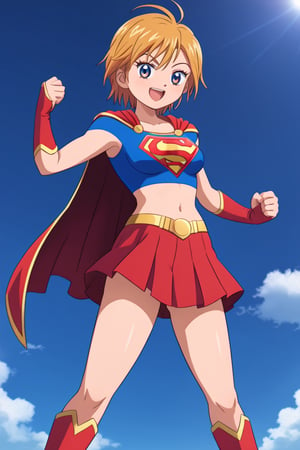 Nagisa Misumi, known for her sporty and energetic personality, brings a spirited charm to the classic Supergirl costume. The vibrant blue top, with the iconic red and yellow 'S' emblem on her chest, highlights her innate sense of justice and determination. A flowing red cape flutters behind her as she stands confidently, adding a heroic and dynamic touch that matches her active, athletic nature. The costume is completed with a red skirt and matching knee-high boots, which perfectly complement her strong and agile figure honed through her love of sports.

Nagisa’s usual bright smile and energetic stance blend seamlessly with the empowering aura of Supergirl, showing off her confidence and readiness to protect those she cares about. This transformation highlights Nagisa’s combination of strength, courage, and enthusiasm, making her the perfect embodiment of a young heroine full of life and ready to take on any challenge that comes her way.