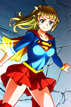 Fumina Hoshino, with her athletic build and passionate spirit, brings a lively and strong energy to the classic Supergirl costume. The bright blue top, featuring the iconic red and yellow 'S' emblem, complements her confident stance and energetic personality. Her blonde hair, tied up in her signature ponytail, adds a practical yet spirited touch, while the red cape flows behind her, accentuating her action-ready pose. The red skirt and matching knee-high boots complete her look, highlighting her athletic frame and dynamic style. With her usual enthusiastic smile and determined eyes, Fumina embodies the essence of Supergirl with a unique twist. Her transformation amplifies her natural courage and resilience, blending her love for competition with the heroism of the Supergirl persona. In this costume, Fumina looks ready to face any challenge head-on, inspiring those around her with her boundless energy, strength, and unwavering resolve.