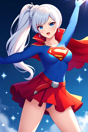 Weiss Schnee, with her graceful poise and sharp elegance, brings a regal touch to the classic Supergirl costume. The vibrant blue top, emblazoned with the red and yellow 'S' emblem, contrasts beautifully with her signature snow-white hair, which is styled in its familiar side ponytail. A flowing red cape drapes behind her, adding a dynamic sense of movement and power, complementing her composed and refined presence. The red skirt and knee-high boots complete the outfit, showcasing her agility and strength.

Weiss’s icy blue eyes and confident expression add a cool, determined edge to the typically bright and hopeful Supergirl persona. Her natural sense of leadership, discipline, and responsibility blend perfectly with the heroic aura of Supergirl. In this transformation, Weiss becomes a symbol of grace and power, ready to stand tall as both a protector and a fighter, combining her unyielding resolve with the strength and courage of a superhero.