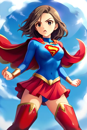 Seira Mizuki, with her cool and elegant demeanor, exudes both grace and strength in the classic Supergirl costume. The bright blue top, featuring the iconic red and yellow 'S' emblem, contrasts beautifully with her long, flowing dark hair. The red cape billows behind her, adding a dramatic and heroic flair as it catches the wind, perfectly complementing her poised and confident stance. The red skirt and red knee-high boots finish the look, accentuating her tall and slender figure, giving her an air of both power and elegance.
Seira’s composed and determined expression perfectly captures the essence of a superhero, blending her natural elegance with the fierce determination of Supergirl. Her transformation into this heroic role highlights her balance of strength and beauty, making her the ideal embodiment of courage and grace, ready to face any challenge with confidence and inspire those around her.
