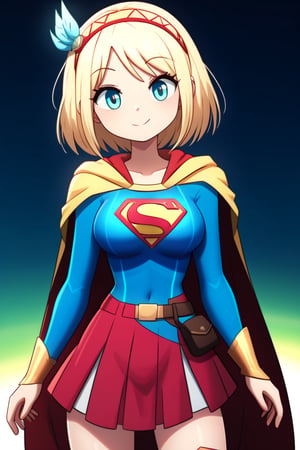 Cayna, with her powerful yet whimsical personality, looks both regal and heroic in the classic Supergirl costume. Her short blonde hair flows gracefully down her back, standing out against the vibrant blue top with the iconic red and yellow 'S' emblem emblazoned on her chest. A flowing red cape trails behind her, adding a sense of grandeur and movement to her already imposing presence. The outfit is completed with a red skirt and matching knee-high boots, enhancing her strong and agile figure honed through her magical abilities.

Cayna’s confident yet playful expression, combined with the heroic aura of Supergirl, reflects her status as a powerful mage in the virtual world of Leadale. Her blend of power and warmth makes her a fitting embodiment of Supergirl, radiating both strength and compassion, ready to protect and inspire those around her.