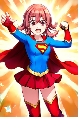 Komiya Kaho, with her boundless energy and enthusiasm, brings a bright and cheerful twist to the classic Supergirl costume. The vibrant blue top with the red and yellow 'S' emblem adds a bold pop of color that perfectly complements her lively personality. Her short, fluffy red hair bounces playfully around her face, while the red cape flows behind her in sync with her dynamic movements. The red skirt and matching knee-high boots complete the look, giving her a fun yet heroic appearance.

With her ever-joyful smile and sparkling eyes, Kaho steps into the role of Supergirl with a youthful excitement, embodying a superhero ready to leap into action with optimism and energy. Her transformation captures her spontaneous and brave spirit, showing a Supergirl who’s not just powerful but also full of heart and enthusiasm. In this costume, Kaho shines as a heroine who brings joy and courage to everyone around her, ready to tackle challenges with her bright outlook and boundless spirit.,KOMIYA KAHO,supergirl