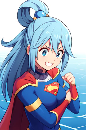 Aqua, with her playful and often mischievous demeanor, brings a unique and humorous charm to the classic Supergirl costume. The iconic blue top, emblazoned with the bright red and yellow 'S' emblem, is fitting against her water-themed color palette and complements her flowing blue hair. Her hair, pulled up in its usual high ponytail with a teal ribbon, gives her a lighthearted and whimsical look. The red cape flows behind her in dramatic fashion, adding to her usually exaggerated expressions and gestures. The red skirt and red knee-high boots round out the outfit, creating an interesting contrast with her usual divine but clumsy style.

With her trademark confident grin—perhaps a bit overconfident—Aqua steps into the Supergirl role with a humorous twist, blending her goddess bravado with the superhero’s iconic strength. Her natural charisma and quirks make her a playful Supergirl, ready to dive into challenges (or create them) with her spirited enthusiasm. In this costume, Aqua brings her own unpredictable flair, offering a comical but spirited take on heroism that’s sure to keep things entertaining.,supergirl,aqua