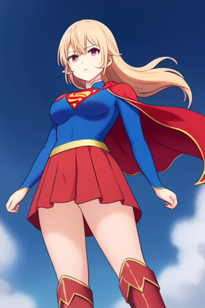 Erina Nakiri, with her regal presence and distinctive long blonde hair, stands confidently in the iconic Supergirl costume. The costume features a bold blue top with the famous red and yellow 'S' shield emblazoned across her chest, symbolizing strength and hope. A flowing red cape cascades from her shoulders, adding a touch of elegance that complements her aristocratic demeanor. The red skirt and red knee-high boots complete the ensemble, enhancing her powerful yet graceful appearance. Her usual air of sophistication and authority is now combined with the heroic charm of Supergirl, making her look both formidable and inspiring.