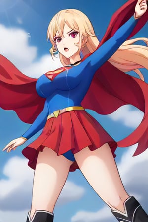 Erina Nakiri, with her regal presence and distinctive long blonde hair, stands confidently in the iconic Supergirl costume. The costume features a bold blue top with the famous red and yellow 'S' shield emblazoned across her chest, symbolizing strength and hope. A flowing red cape cascades from her shoulders, adding a touch of elegance that complements her aristocratic demeanor. The red skirt and matching knee-high boots complete the ensemble, enhancing her powerful yet graceful appearance. Her usual air of sophistication and authority is now combined with the heroic charm of Supergirl, making her look both formidable and inspiring.