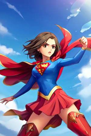 Seira Mizuki, with her cool and elegant demeanor, exudes both grace and strength in the classic Supergirl costume. The bright blue top, featuring the iconic red and yellow 'S' emblem, contrasts beautifully with her long, flowing dark hair. The red cape billows behind her, adding a dramatic and heroic flair as it catches the wind, perfectly complementing her poised and confident stance. The red skirt and red knee-high boots finish the look, accentuating her tall and slender figure, giving her an air of both power and elegance.
Seira’s composed and determined expression perfectly captures the essence of a superhero, blending her natural elegance with the fierce determination of Supergirl. Her transformation into this heroic role highlights her balance of strength and beauty, making her the ideal embodiment of courage and grace, ready to face any challenge with confidence and inspire those around her.
