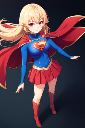 Erina Nakiri, with her regal presence and distinctive long blonde hair, stands confidently in the iconic Supergirl costume. The costume features a bold blue top with the famous red and yellow 'S' shield emblazoned across her chest, symbolizing strength and hope. A flowing red cape cascades from her shoulders, adding a touch of elegance that complements her aristocratic demeanor. The red skirt and matching knee-high boots complete the ensemble, enhancing her powerful yet graceful appearance. Her usual air of sophistication and authority is now combined with the heroic charm of Supergirl, making her look both formidable and inspiring.