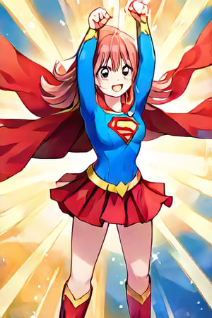 Komiya Kaho, with her boundless energy and enthusiasm, brings a bright and cheerful twist to the classic Supergirl costume. The vibrant blue top with the red and yellow 'S' emblem adds a bold pop of color that perfectly complements her lively personality. Her short, fluffy red hair bounces playfully around her face, while the red cape flows behind her in sync with her dynamic movements. The red skirt and matching knee-high boots complete the look, giving her a fun yet heroic appearance.

With her ever-joyful smile and sparkling eyes, Kaho steps into the role of Supergirl with a youthful excitement, embodying a superhero ready to leap into action with optimism and energy. Her transformation captures her spontaneous and brave spirit, showing a Supergirl who’s not just powerful but also full of heart and enthusiasm. In this costume, Kaho shines as a heroine who brings joy and courage to everyone around her, ready to tackle challenges with her bright outlook and boundless spirit.,KOMIYA KAHO,supergirl