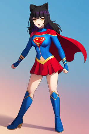 Blake Belladonna, with her quiet yet fierce demeanor, brings a subtle elegance to the classic Supergirl costume. The deep blue top, adorned with the bold red and yellow 'S' emblem, contrasts beautifully with her dark, raven-black hair, which falls gracefully over her shoulders, with her signature bow adding a unique touch. A flowing red cape sways behind her, giving a sense of movement and power, while also highlighting her agile and stealthy nature. The red skirt and knee-high boots complete the look, emphasizing her lithe, athletic frame.

Blake’s calm yet determined expression blends perfectly with the heroic essence of Supergirl, showcasing her strength and resolve. Her quiet strength, paired with the empowering costume, makes her a symbol of resilience and grace. In this transformation, Blake seamlessly combines her natural stealth and independence with the courage and heroism of Supergirl, ready to stand tall and protect those who need it, while still retaining her thoughtful and introspective nature.