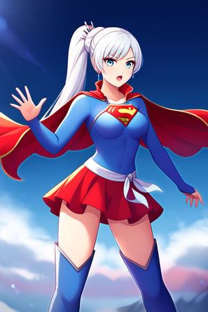 Weiss Schnee, with her graceful poise and sharp elegance, brings a regal touch to the classic Supergirl costume. The vibrant blue top, emblazoned with the red and yellow 'S' emblem, contrasts beautifully with her signature snow-white hair, which is styled in its familiar side ponytail. A flowing red cape drapes behind her, adding a dynamic sense of movement and power, complementing her composed and refined presence. The red skirt and knee-high boots complete the outfit, showcasing her agility and strength.

Weiss’s icy blue eyes and confident expression add a cool, determined edge to the typically bright and hopeful Supergirl persona. Her natural sense of leadership, discipline, and responsibility blend perfectly with the heroic aura of Supergirl. In this transformation, Weiss becomes a symbol of grace and power, ready to stand tall as both a protector and a fighter, combining her unyielding resolve with the strength and courage of a superhero.